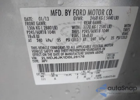 2013 Lincoln Mkx z USA, uszkodzony, nr VIN 2LMDJ6JK1DBL28176